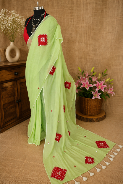 Rooh- Pista Green Mul Cotton Patch work Saree
