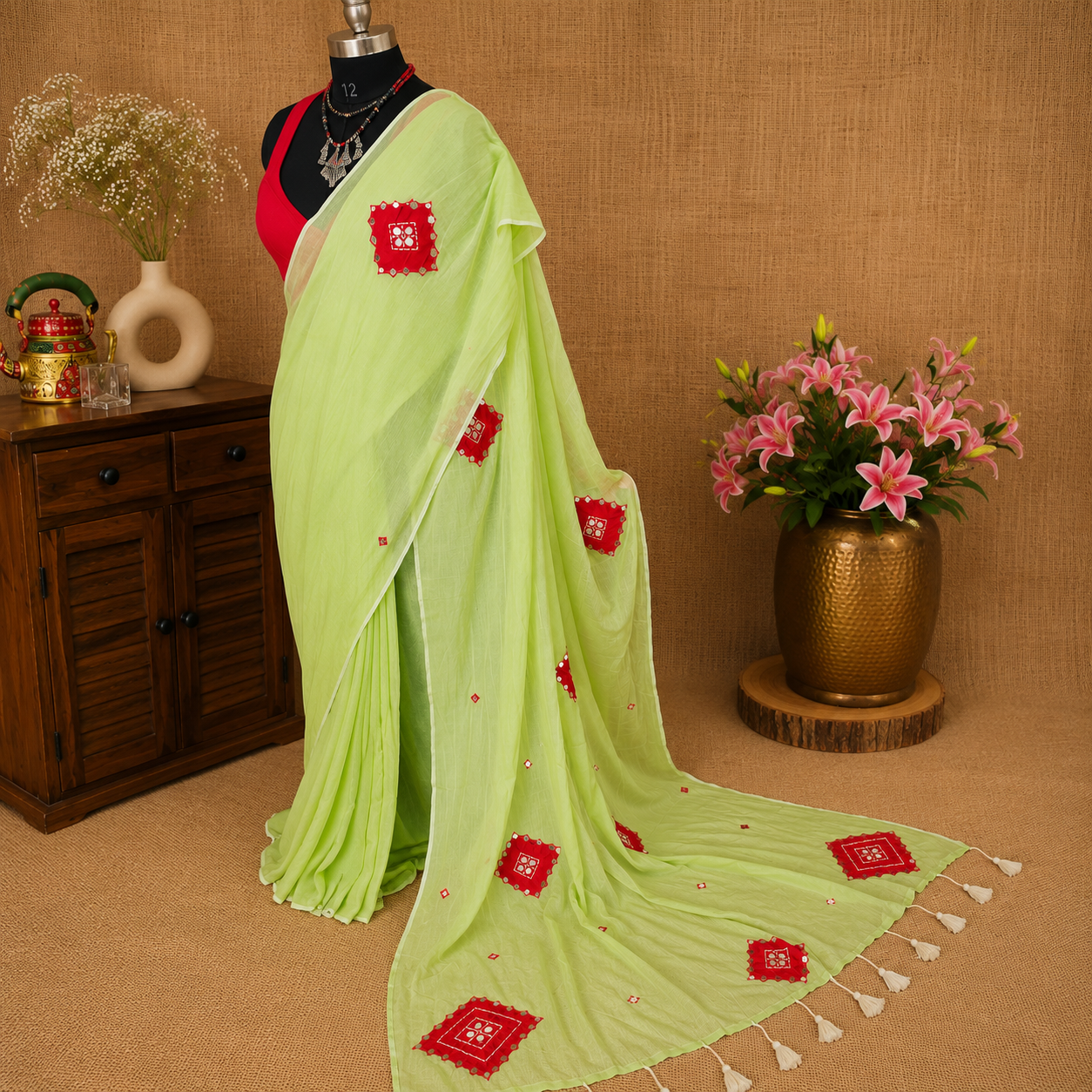 Rooh- Pista Green Mul Cotton Patch work Saree