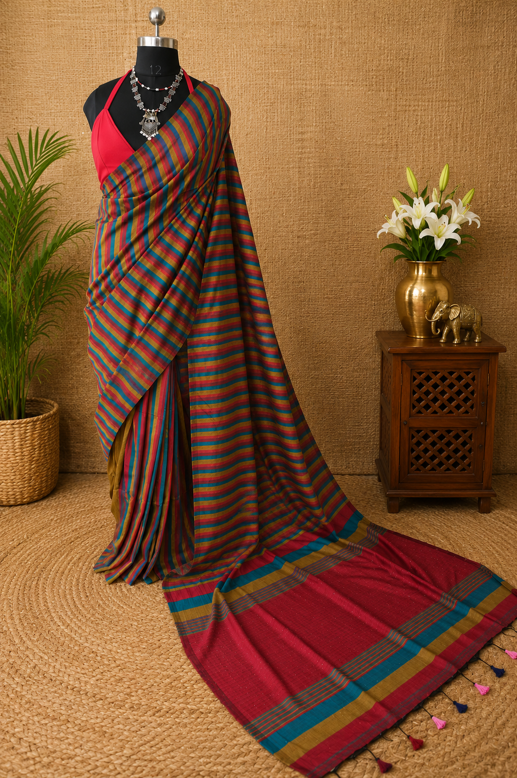 RangRekha Saree Blue & Red