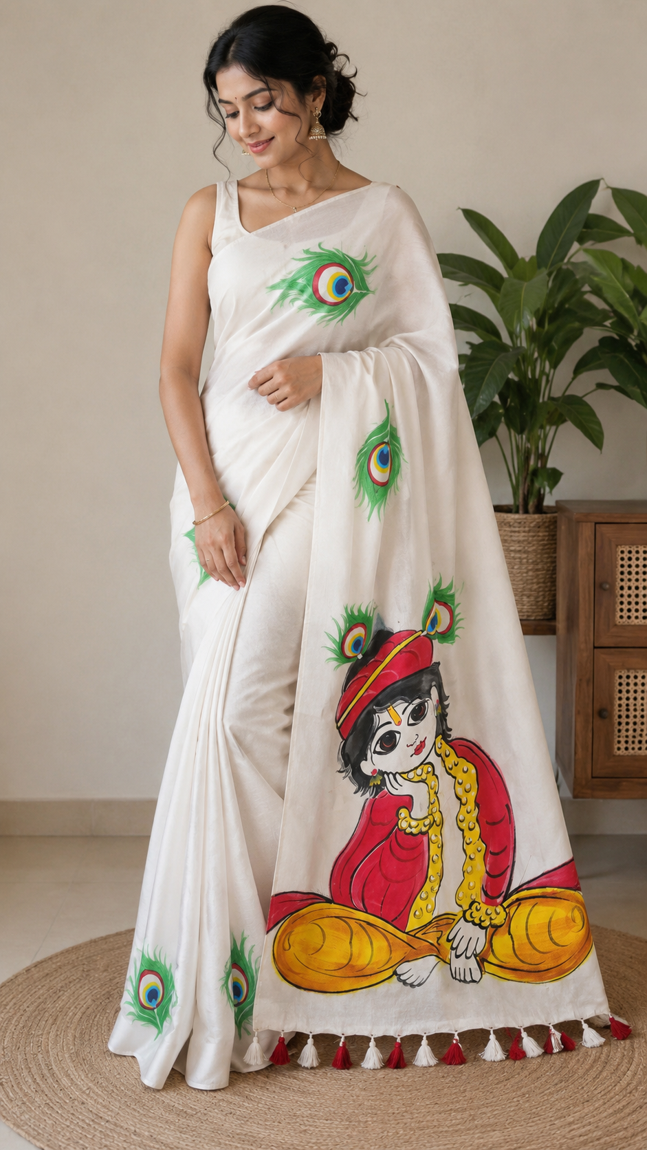 Hanpainted Krishna Saree - White