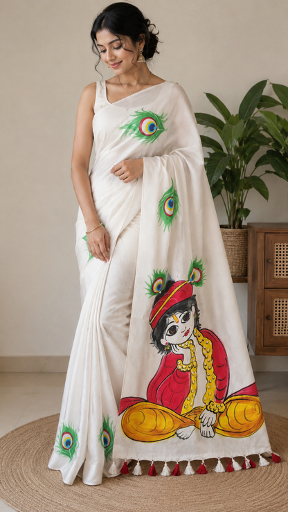 Hanpainted Krishna Saree - White