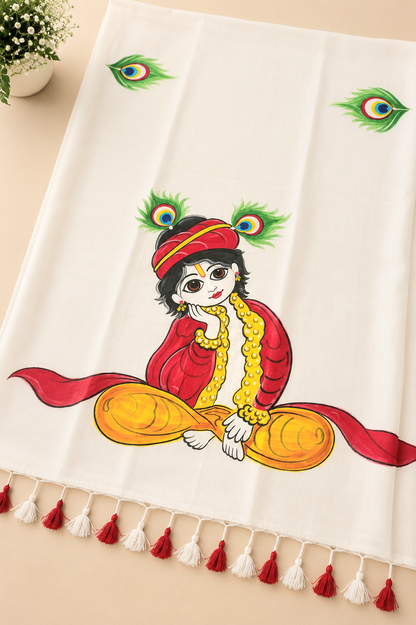 Hanpainted Krishna Saree - White
