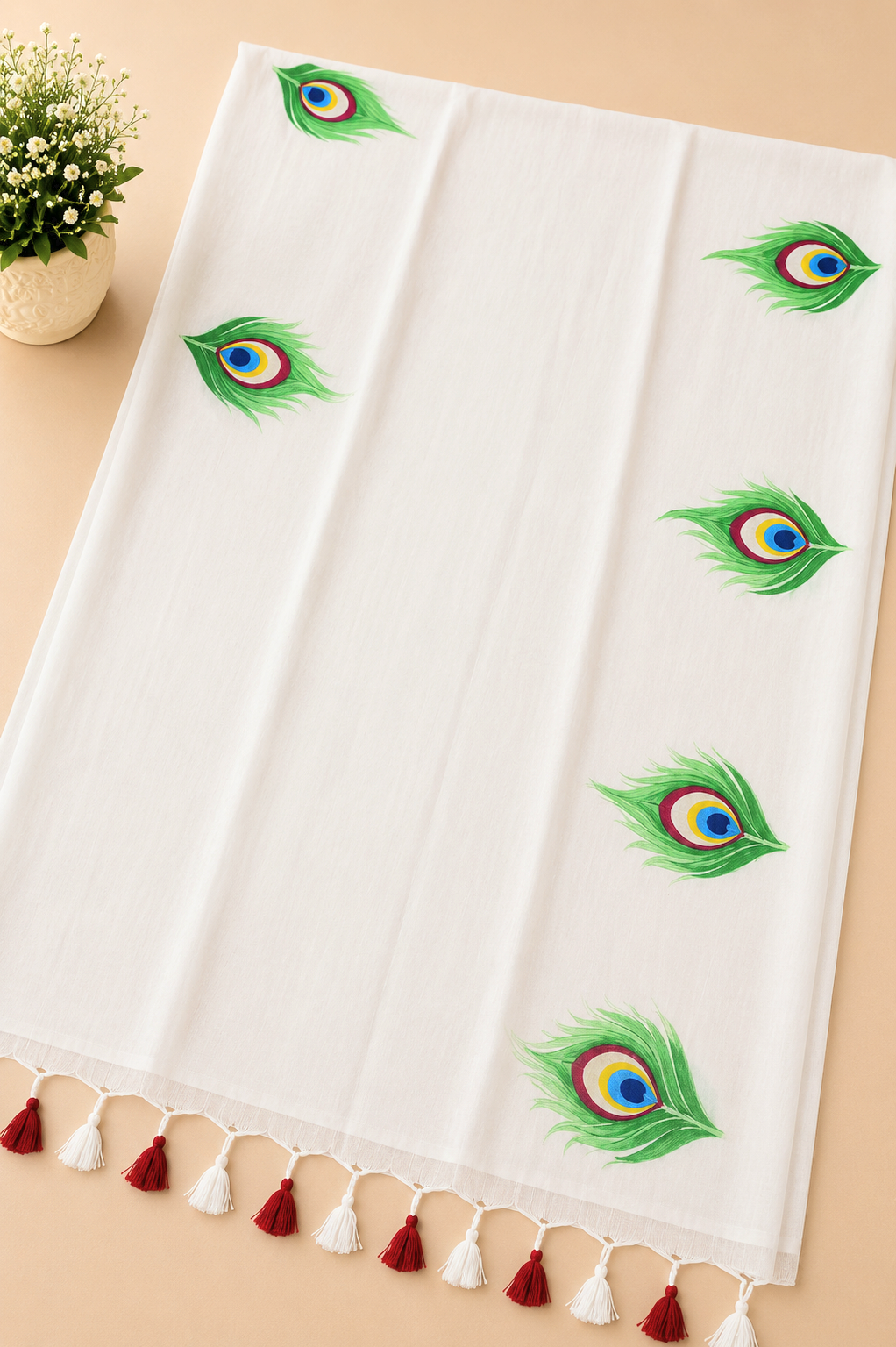 Hanpainted Krishna Saree - White