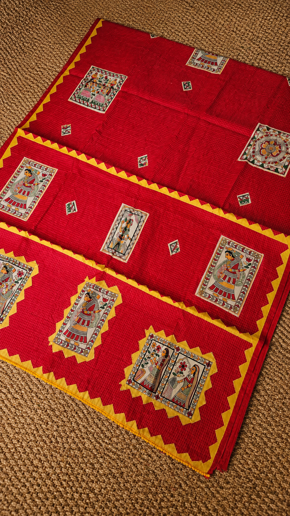 Red Kota Check Saree with Ajrakh Border & Madhubani Patchwork