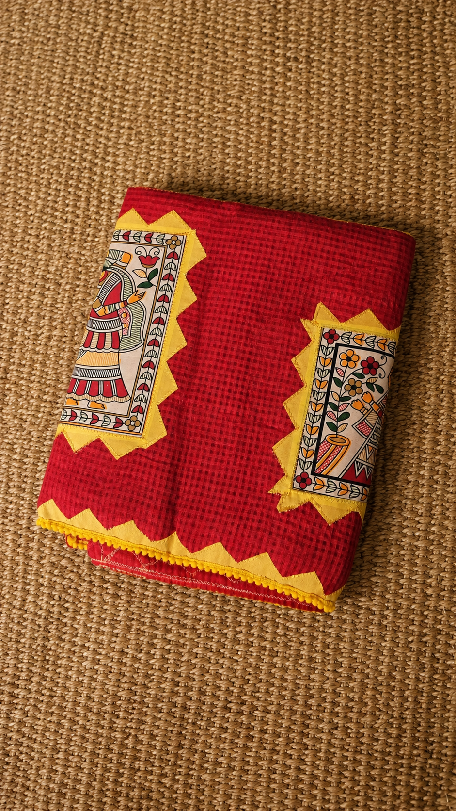 Red Kota Check Saree with Ajrakh Border & Madhubani Patchwork