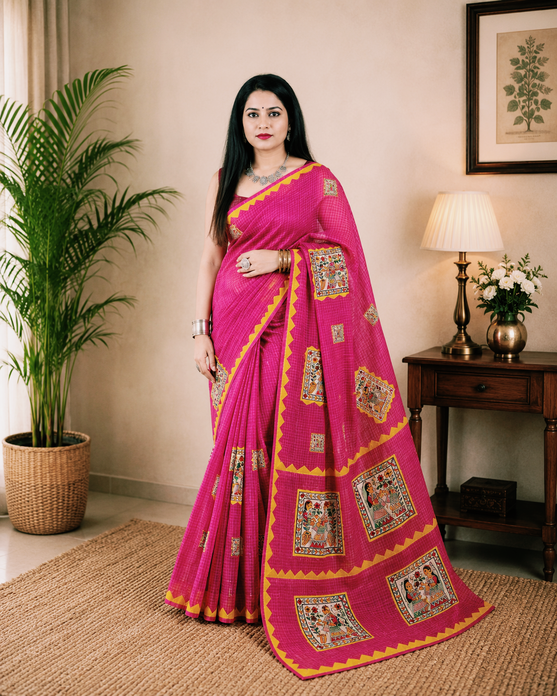 Pink Kota Check Saree with Ajrakh Border & Madhubani Patchwork