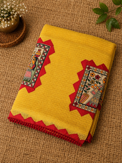 Yellow Kota Check Saree with Ajrakh Border & Madhubani Patchwork