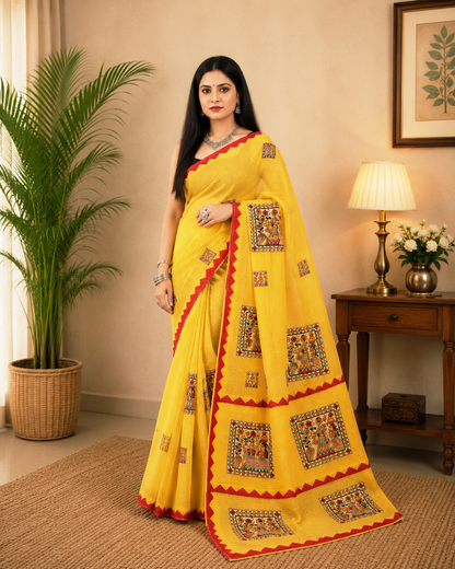 Yellow Kota Check Saree with Ajrakh Border & Madhubani Patchwork