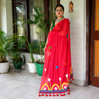 Rangriti- Pearl work & Embroidery Mul Cotton Saree- Red