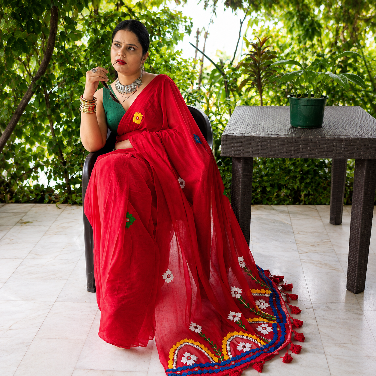 Rangriti- Pearl work & Embroidery Mul Cotton Saree- Red