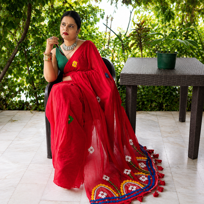 Rangriti- Pearl work & Embroidery Mul Cotton Saree- Red