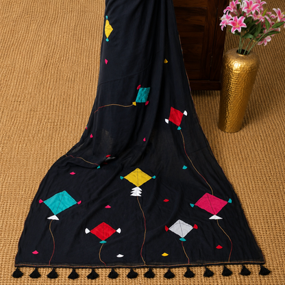 Patang- Black Mul Cotton Patch work Saree