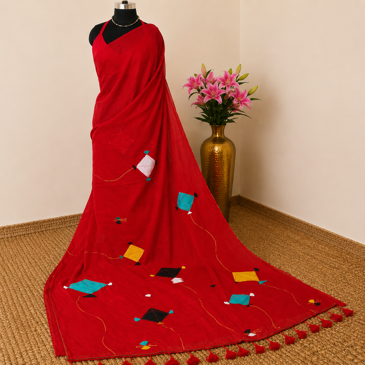 Patang- Red Mul Cotton Patch work Saree