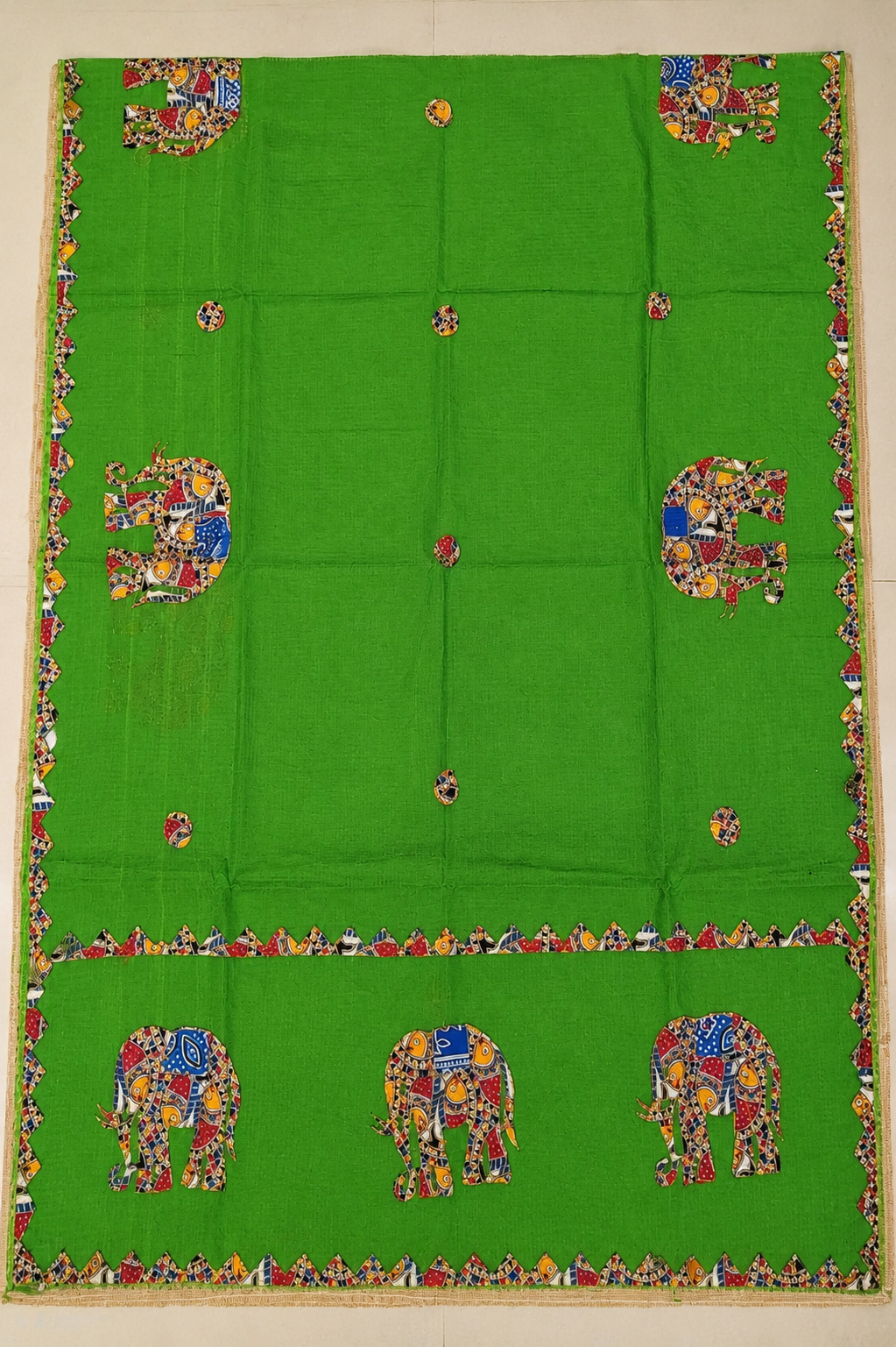 Green Resham Kota Check Saree with Ajrakh Border & Elephant Patchwork
