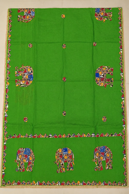 Green Resham Kota Check Saree with Ajrakh Border & Elephant Patchwork