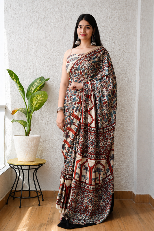 Natural Dye Hand Block Ajrak Modal Silk Saree-White