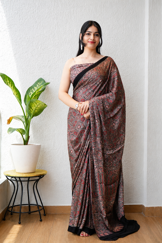Natural Dye Hand Block Ajrak Modal Silk Saree-Brown