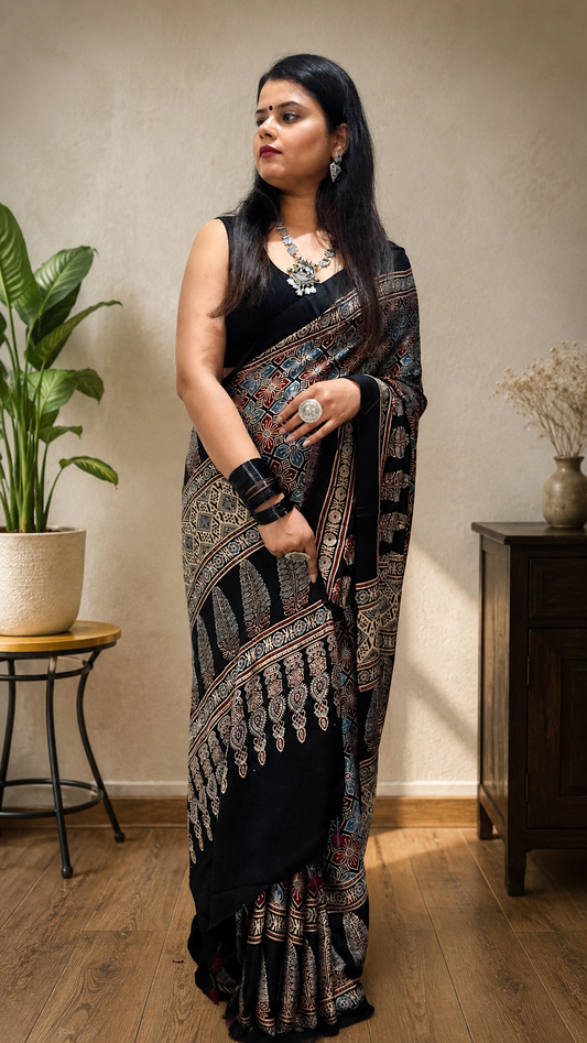 Natural Dye Hand Block Ajrak Modal Silk Saree-Black