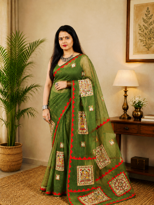 Green Kota Check Saree with Colourful  Border & Madhubani Patchwork