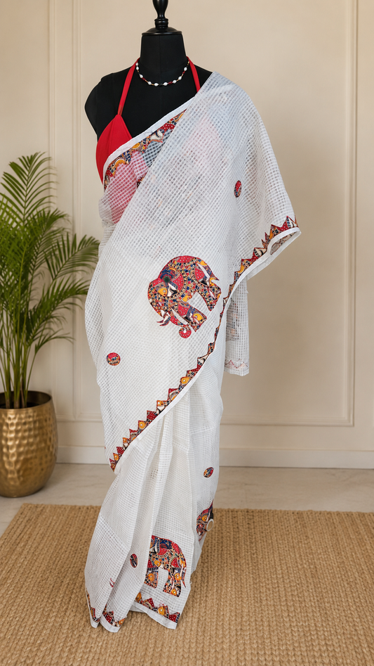 White Resham Kota Check Saree with Ajrakh Border & Elephant Patchwork