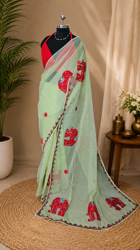 Light green Resham Kota Check Saree with Ajrakh Border & Elephant Patchwork