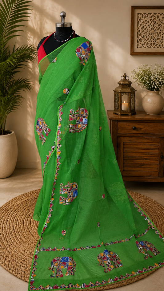 Green Resham Kota Check Saree with Ajrakh Border & Elephant Patchwork