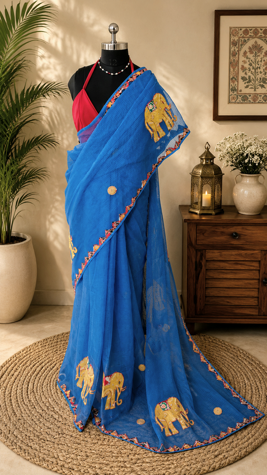 Blue Resham Kota Check Saree with Ajrakh Border & Elephant Patchwork