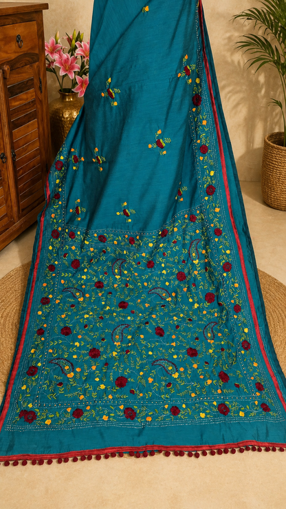 Noori Teal Green Heritage Embroidery Saree