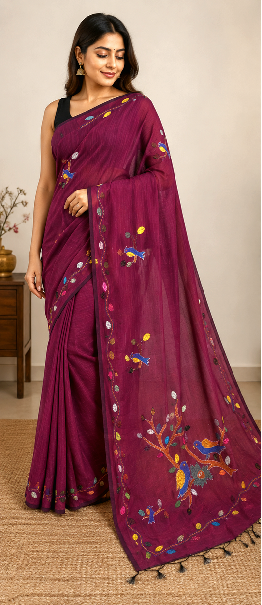 Bird kantha Embroidery & Patch Work- Wine