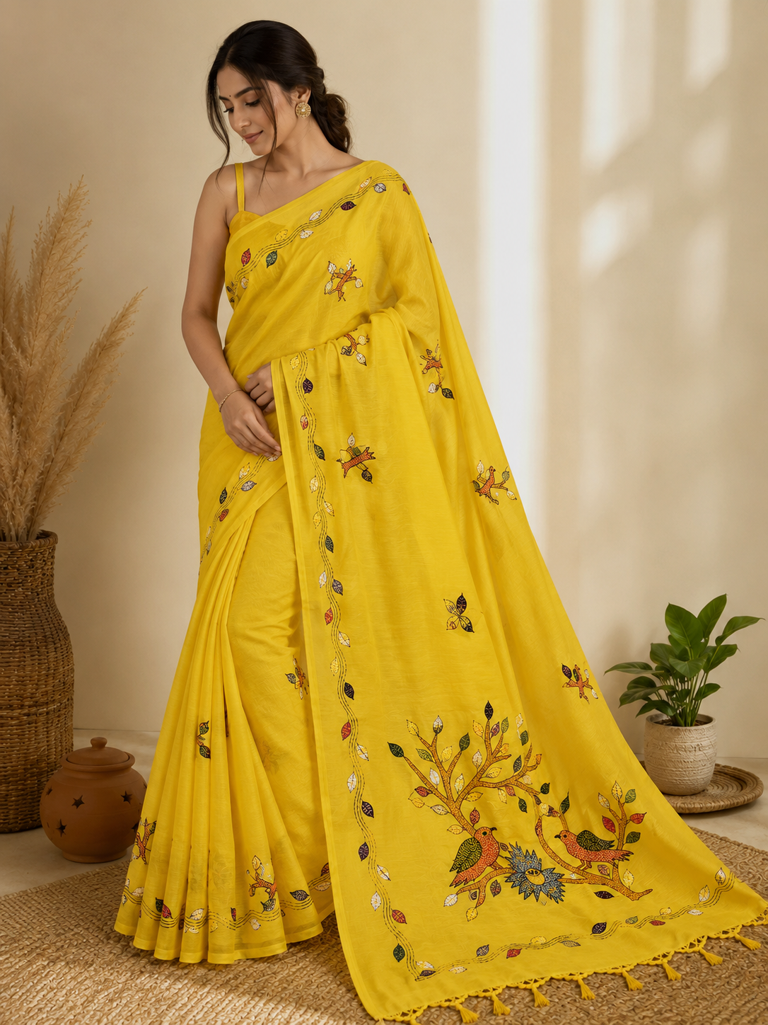 Bird kantha Embroidery & Patch Work - Yellow