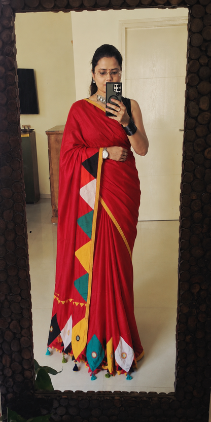 Boho Patchwork Saree – Red