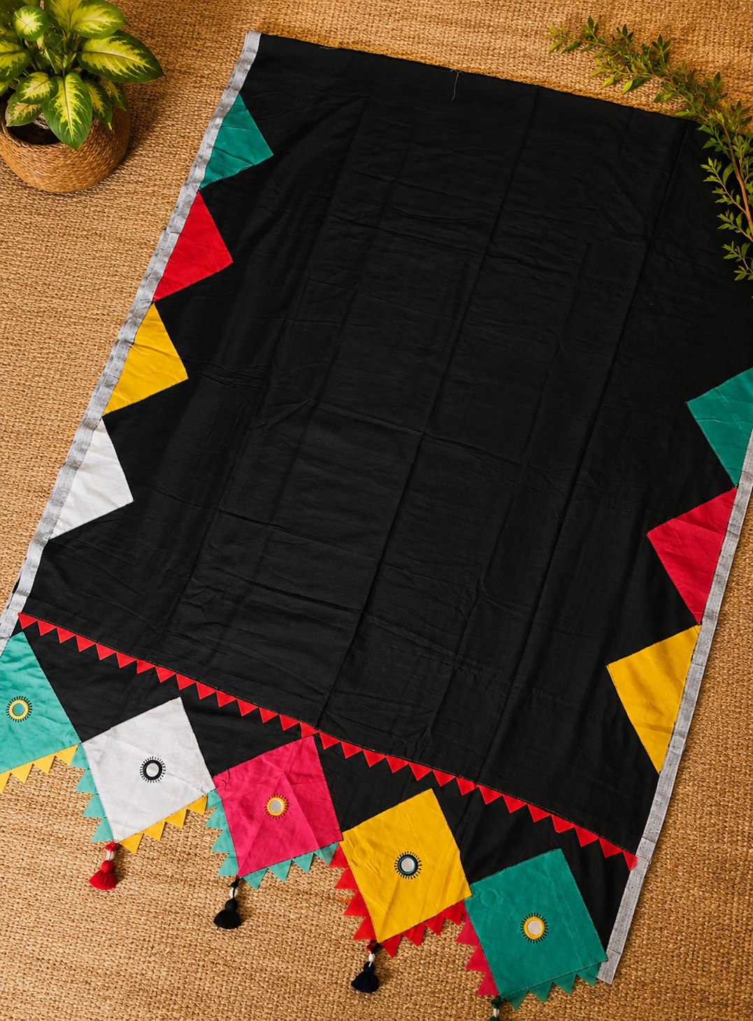 Boho Patchwork Saree – Black Multicolor