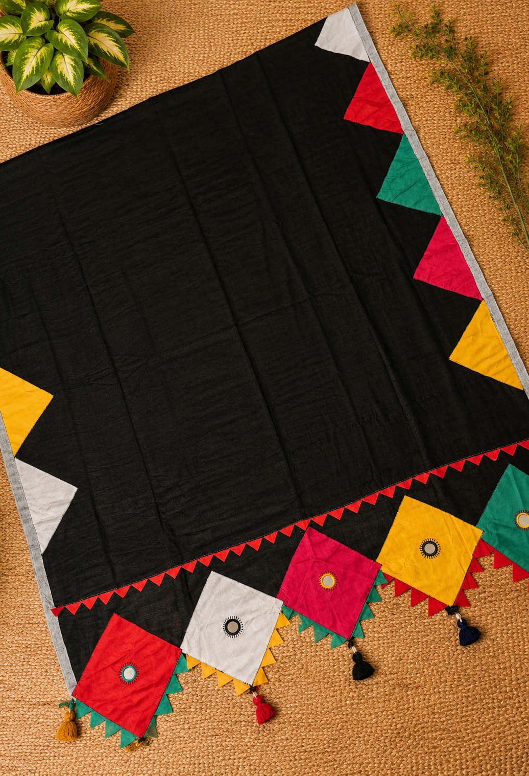Boho Patchwork Saree – Black Multicolor