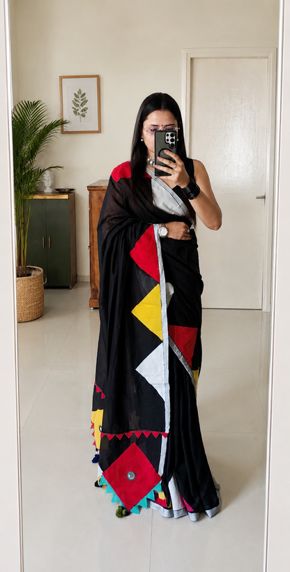 Boho Patchwork Saree – Black Multicolor