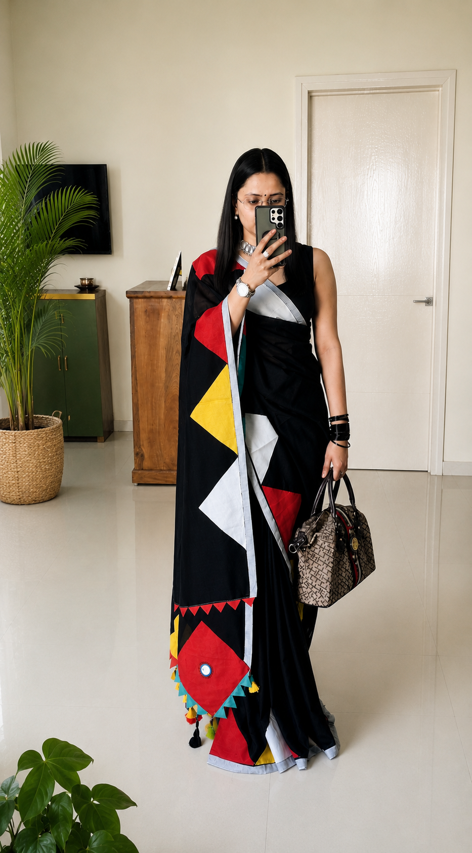 Boho Patchwork Saree – Black Multicolor