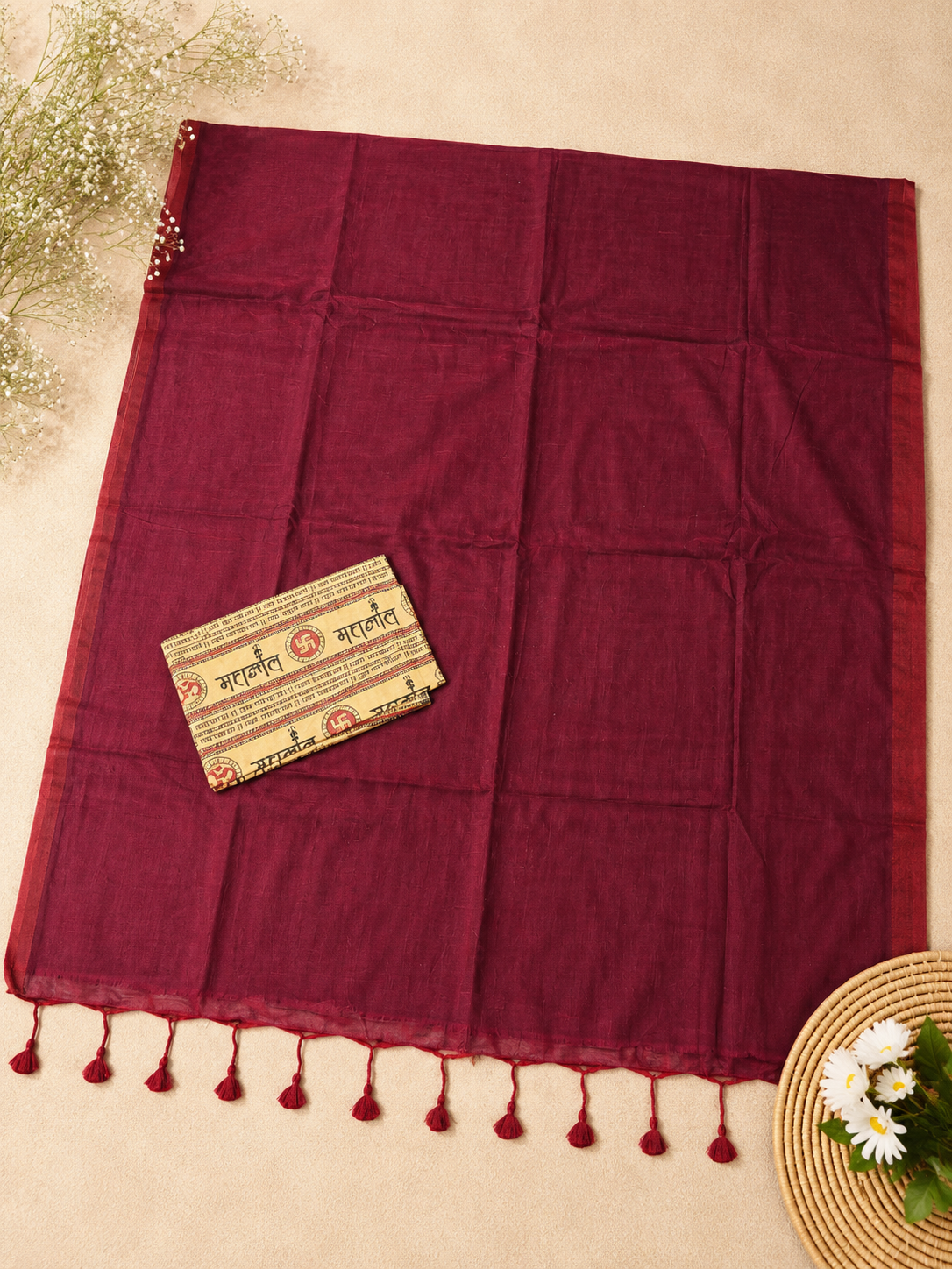 Maroon MulMul Saree