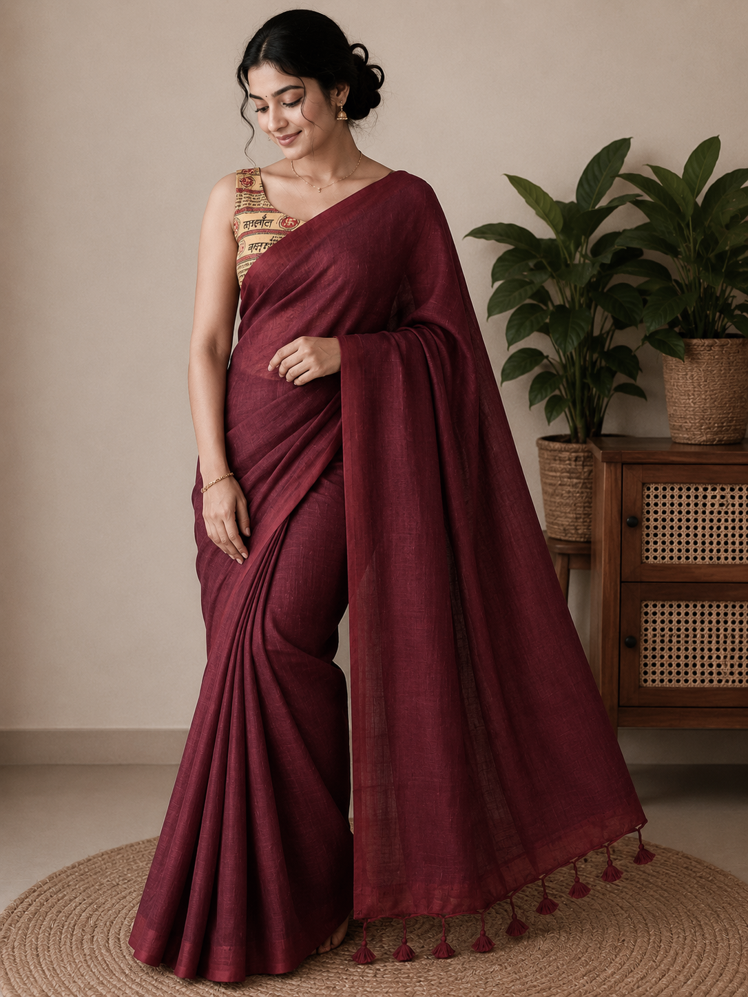 Maroon MulMul Saree