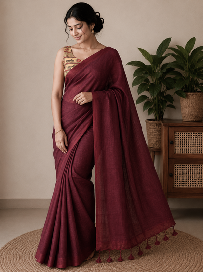 Maroon MulMul Saree