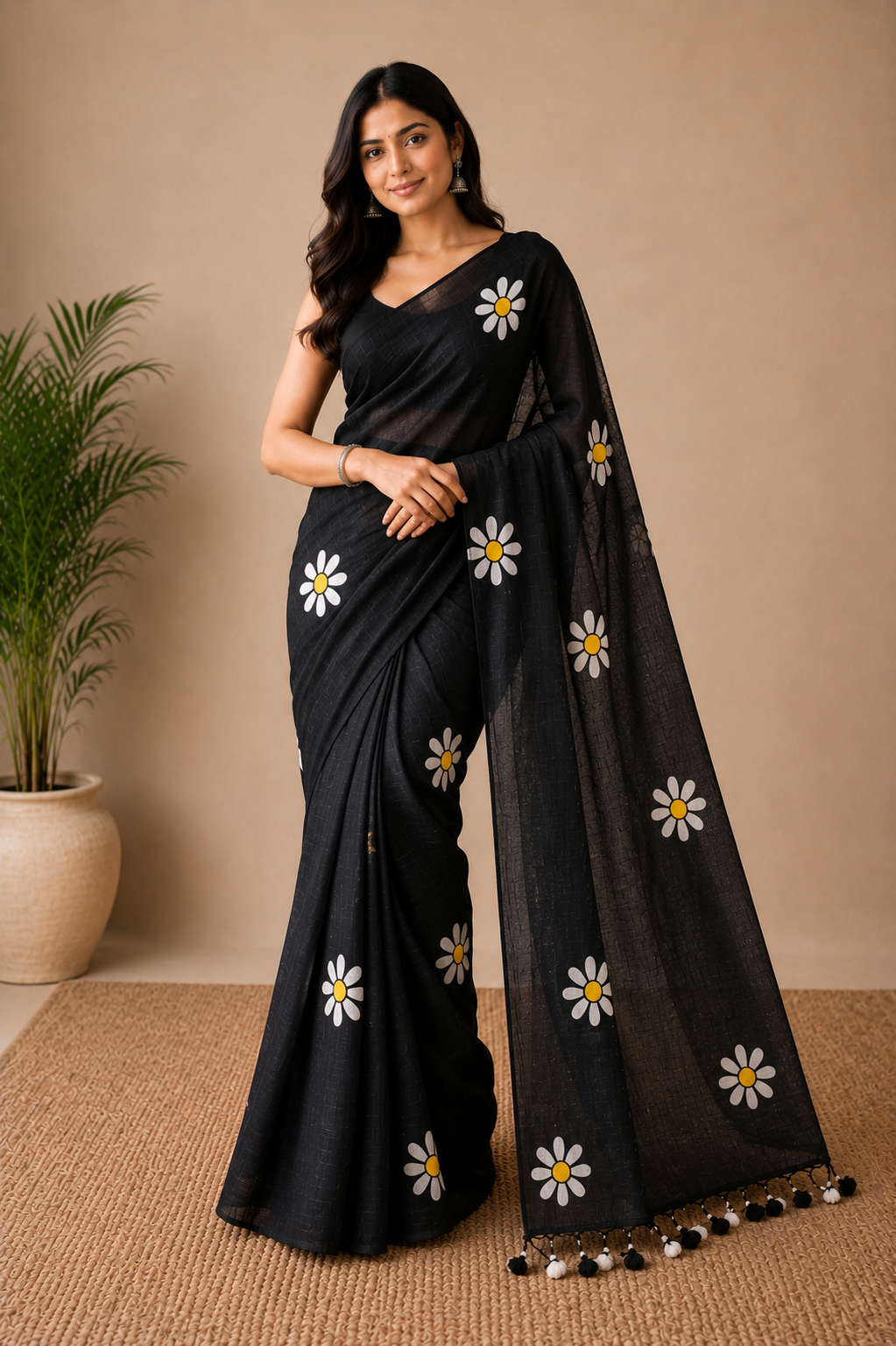 HandPaint SunFlower Black Saree