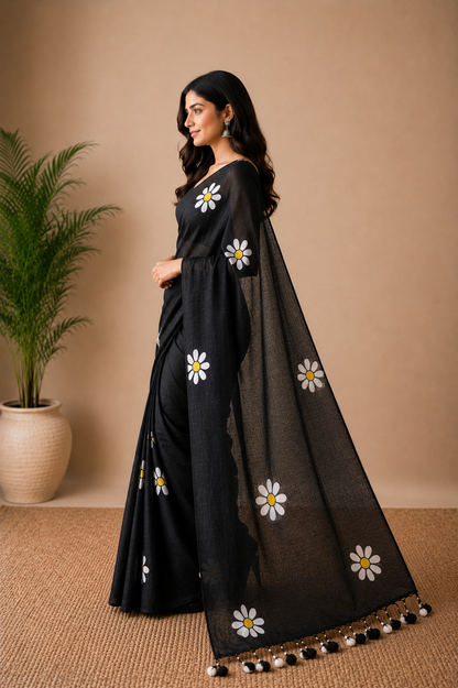 HandPaint SunFlower Black Saree