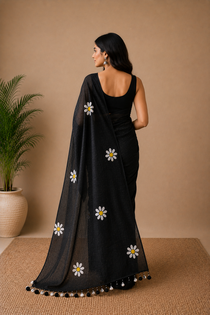 HandPaint SunFlower Black Saree