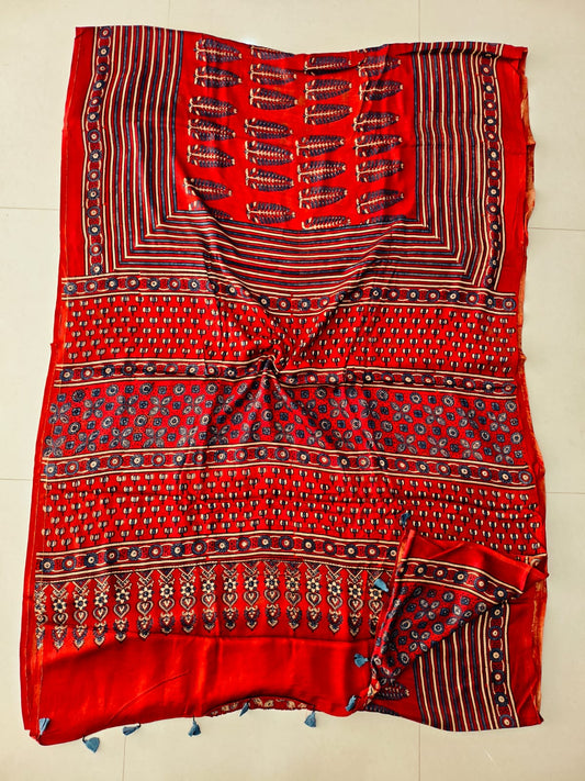 Natural Dye Hand Block Ajrak Modal Silk Saree-Red