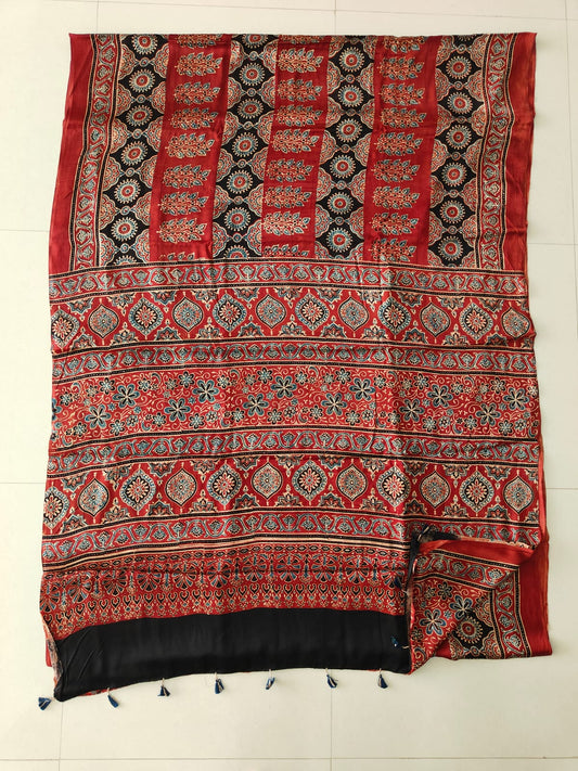 Natural Dye Hand Block Ajrak Modal Silk Saree-Red & Black 3