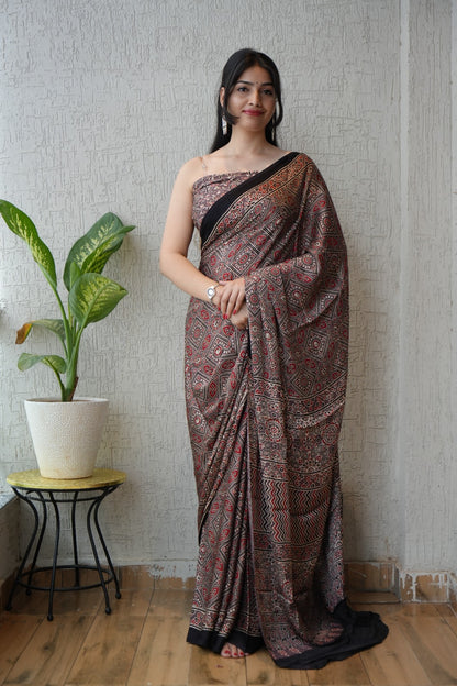 Natural Dye Hand Block Ajrak Modal Silk Saree-Brown