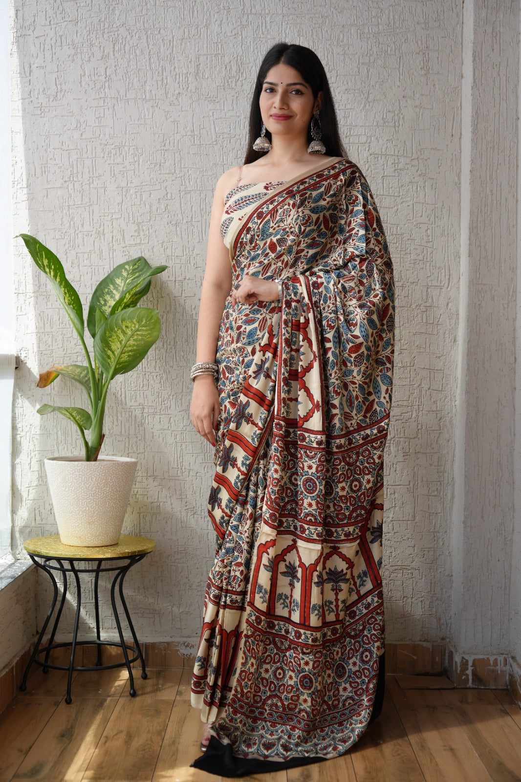 Natural Dye Hand Block Ajrak Modal Silk Saree-White