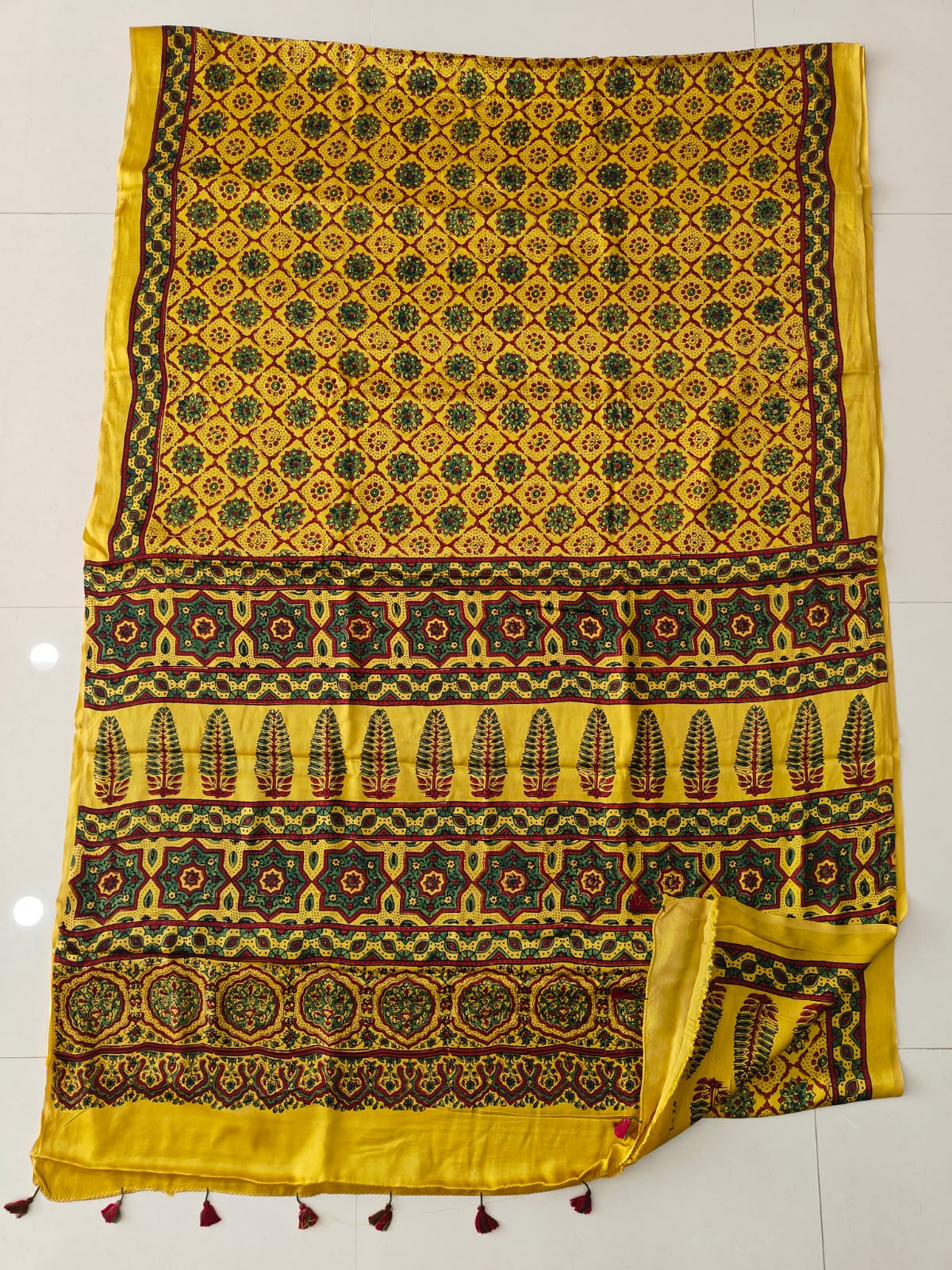 Natural Dye Hand Block Ajrak Modal Silk Saree-Yellow
