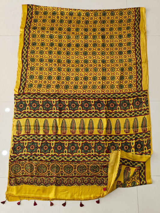 Natural Dye Hand Block Ajrak Modal Silk Saree-Yellow