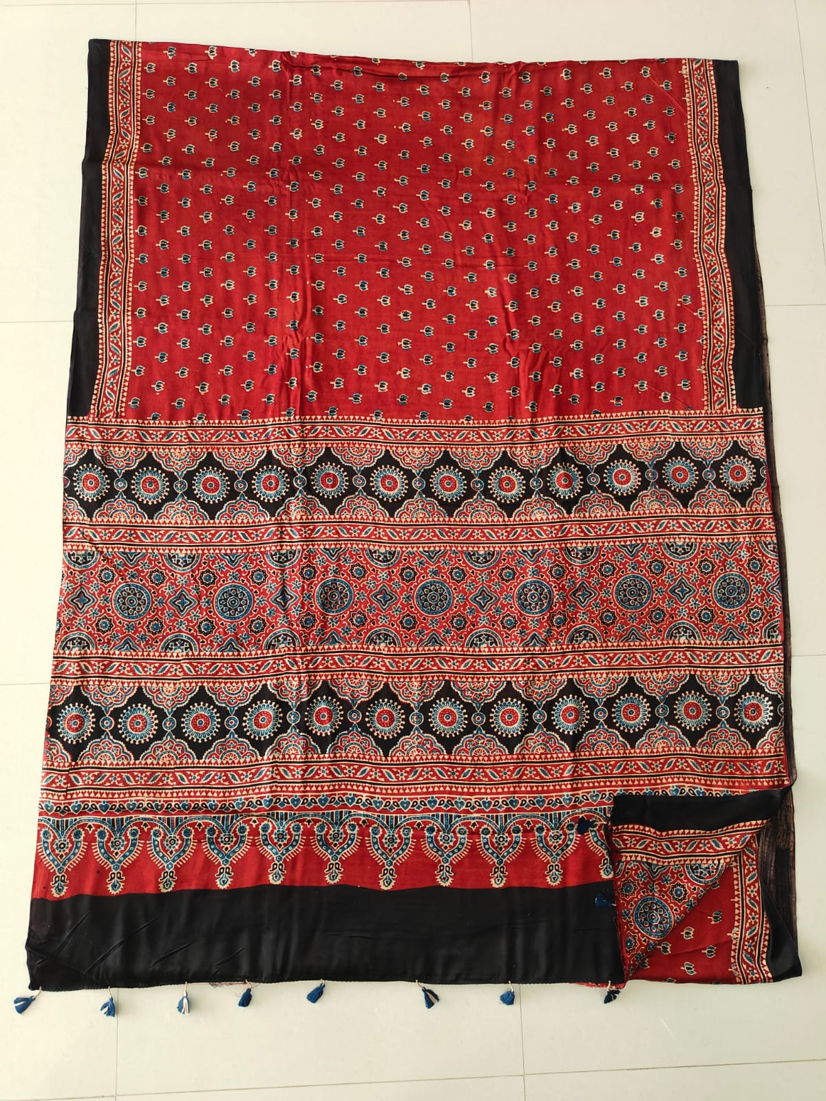 Natural Dye Hand Block Ajrak Modal Silk Saree-Red & Black 2