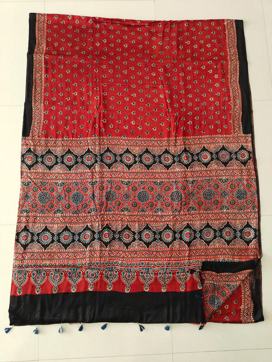 Natural Dye Hand Block Ajrak Modal Silk Saree-Red & Black 2