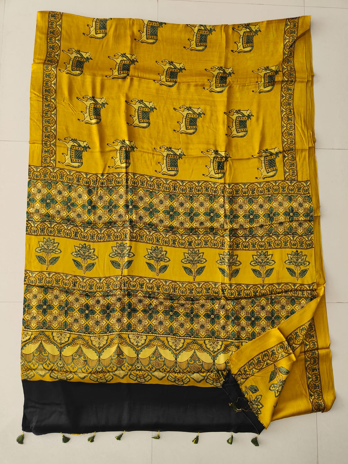 Natural Dye Hand Block Ajrak Modal Silk Saree-Yellow 2